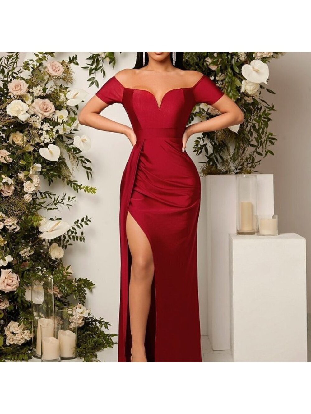 Red Preppy Womens Off Shoulder Ruched Split Thigh Dress